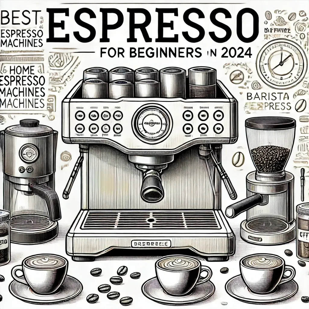 line art illustration of an espresso machine and accessories