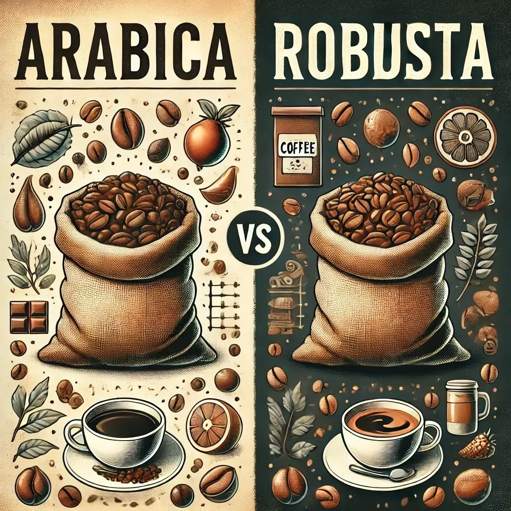 visual comparison of Arabica and Robusta coffee beans side-by-side in burlap sacks